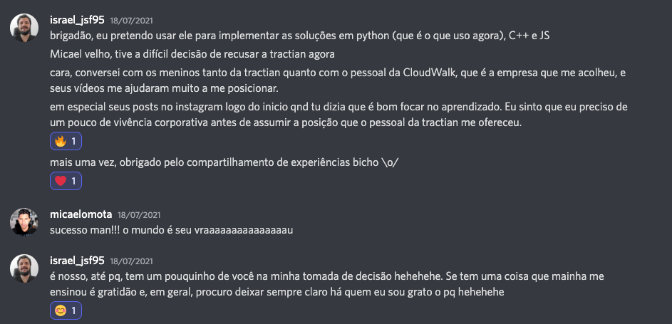 Israel agradecendo pelo compartilhamento de experiências ao decidir entre propostas de emprego