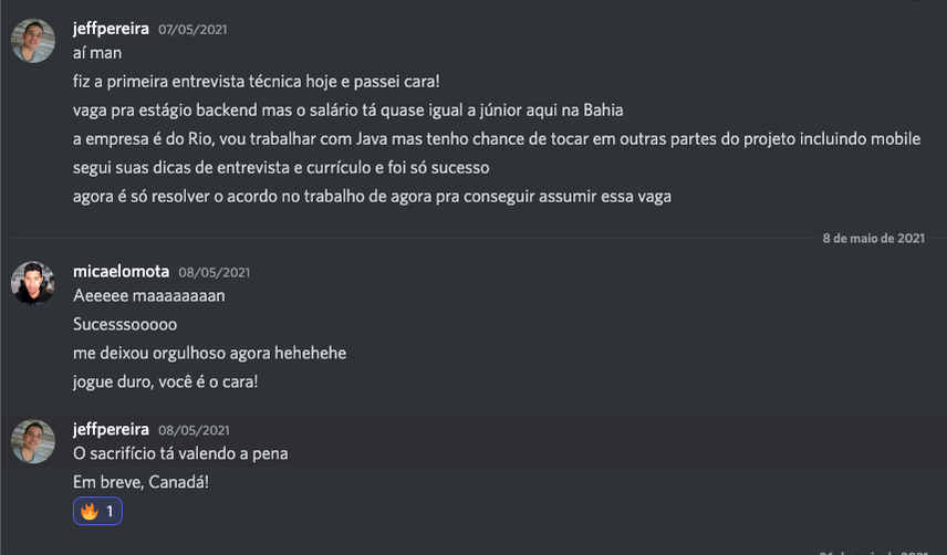 Jeff Pereira contando que passou na primeira entrevista técnica seguindo as dicas de entrevista e currículo