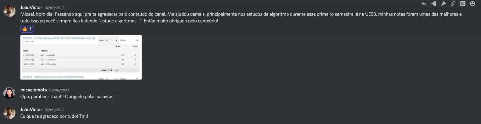 João Victor agradecendo pelo conteúdo do canal, com nota 9.3 em Algoritmos e Estrutura de Dados na UESB