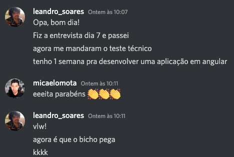 Leandro Soares contando que passou na entrevista técnica e recebeu o teste técnico