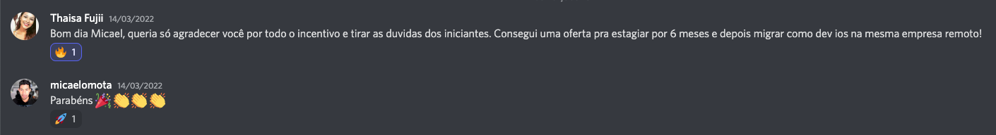 Thaisa Fujii agradecendo o incentivo e contando que conseguiu estágio, migrando para dev iOS na mesma empresa